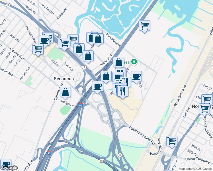map of restaurants, bars, coffee shops, grocery stores, and more near 150 Harmon Meadow Boulevard in Secaucus