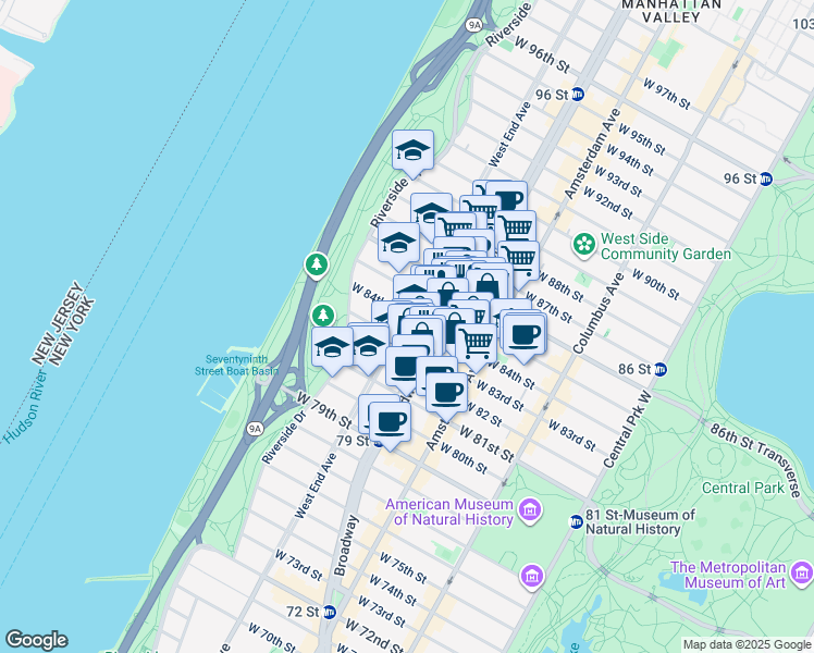 map of restaurants, bars, coffee shops, grocery stores, and more near 490 West End Avenue in New York