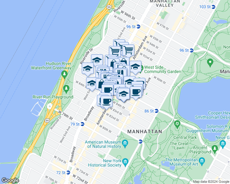 map of restaurants, bars, coffee shops, grocery stores, and more near 526 Amsterdam Avenue in New York
