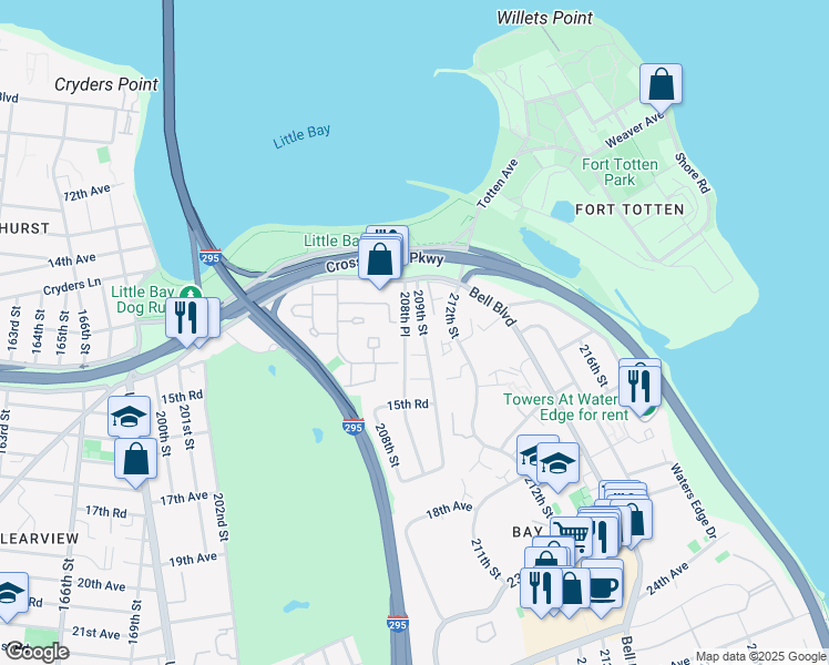map of restaurants, bars, coffee shops, grocery stores, and more near 13-27 209th Street in Queens