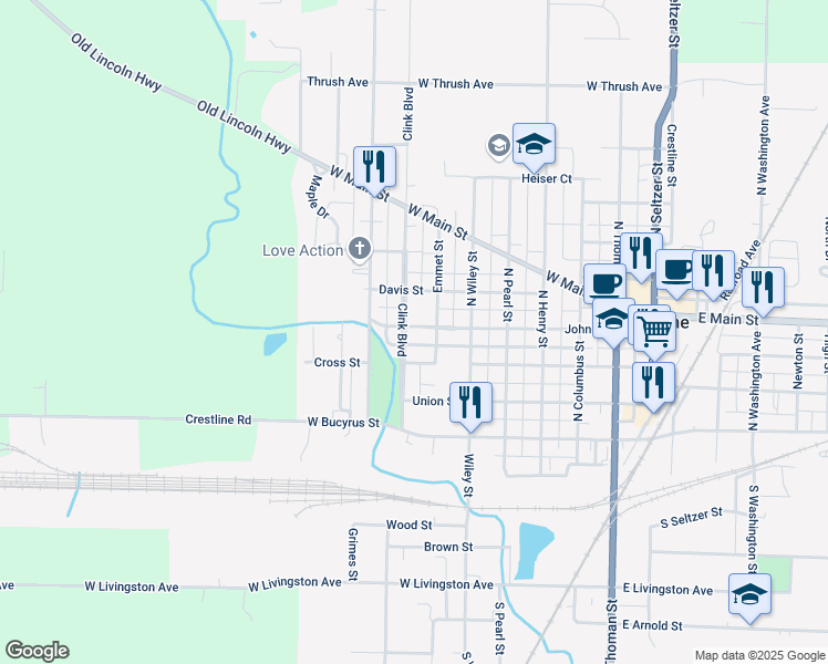 map of restaurants, bars, coffee shops, grocery stores, and more near 339 Clink Boulevard in Crestline