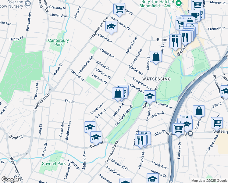 map of restaurants, bars, coffee shops, grocery stores, and more near 22 Coolidge Avenue in Glen Ridge