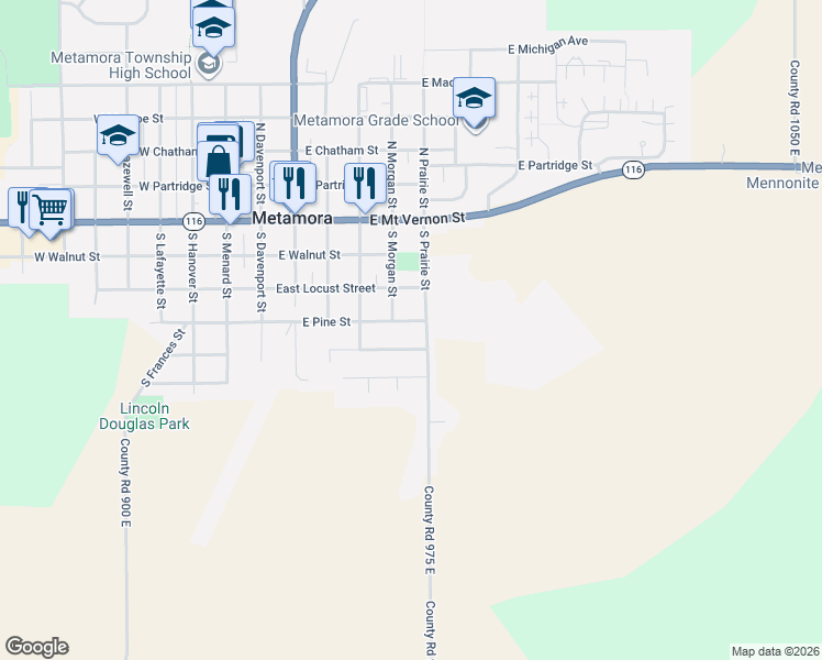 map of restaurants, bars, coffee shops, grocery stores, and more near 314 South Morgan Street in Metamora