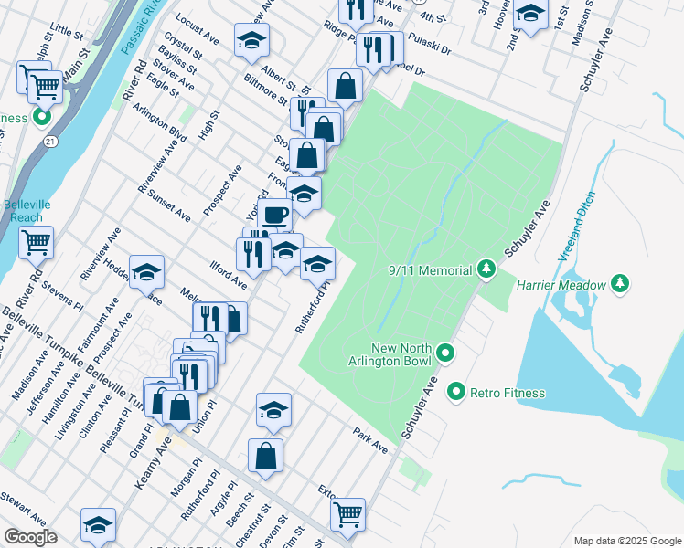 map of restaurants, bars, coffee shops, grocery stores, and more near 228 Rutherford Place in North Arlington