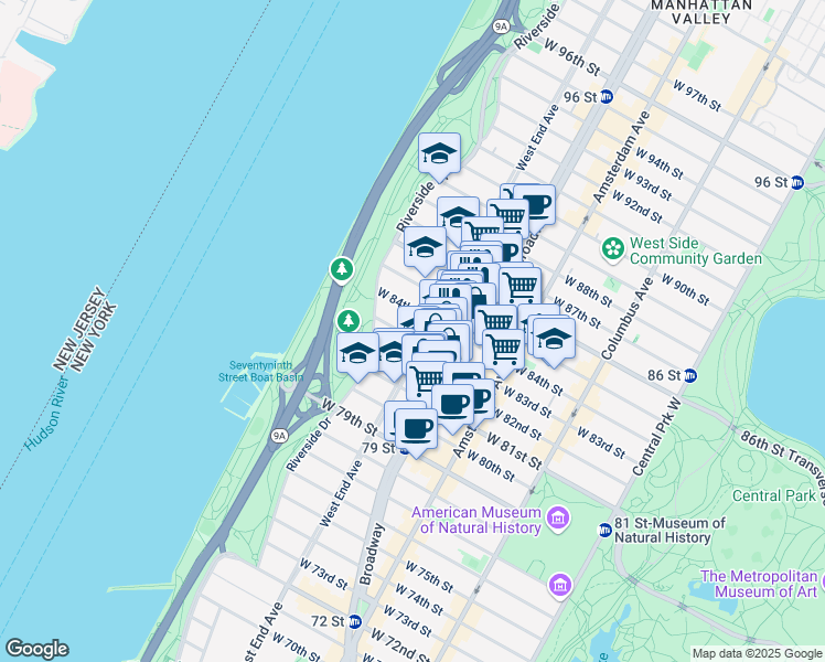 map of restaurants, bars, coffee shops, grocery stores, and more near 309 West 83rd Street in New York