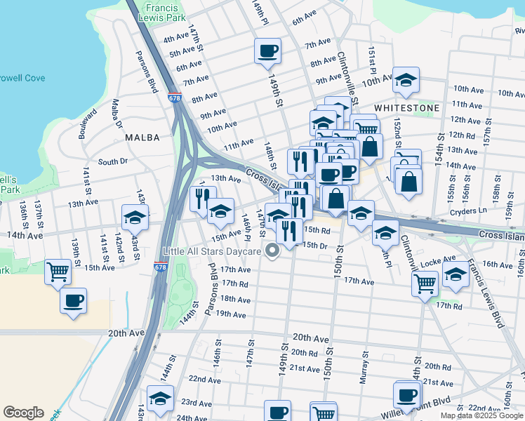 map of restaurants, bars, coffee shops, grocery stores, and more near 14721 14th Avenue in Queens