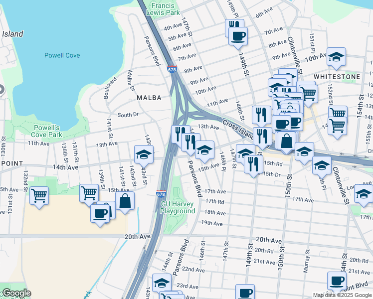 map of restaurants, bars, coffee shops, grocery stores, and more near 13-27 Parsons Boulevard in Queens