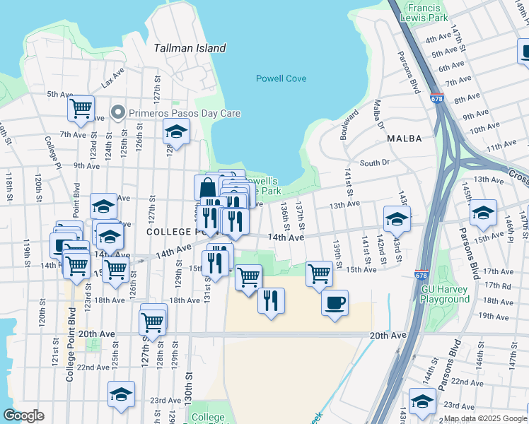 map of restaurants, bars, coffee shops, grocery stores, and more near 133-7 11th Avenue in Queens