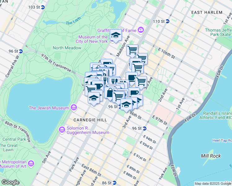 map of restaurants, bars, coffee shops, grocery stores, and more near 1294 Park Avenue in New York