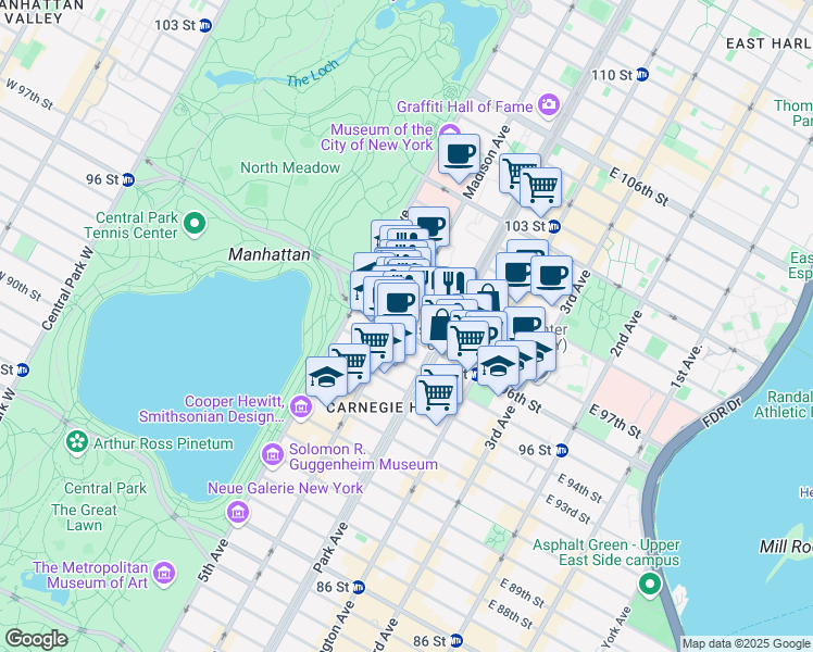 map of restaurants, bars, coffee shops, grocery stores, and more near 53 East 97th Street in New York