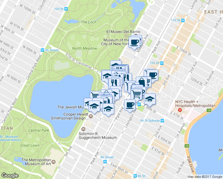 map of restaurants, bars, coffee shops, grocery stores, and more near 12 East 97th Street in New York