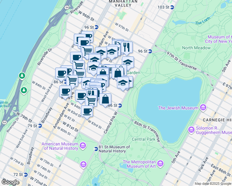 map of restaurants, bars, coffee shops, grocery stores, and more near 47 West 89th Street in New York