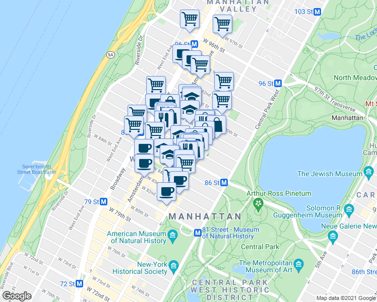 map of restaurants, bars, coffee shops, grocery stores, and more near 136w West 88th Street in New York