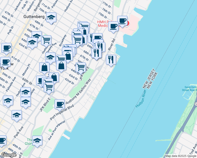 map of restaurants, bars, coffee shops, grocery stores, and more near 251 Halfmoon Court in West New York