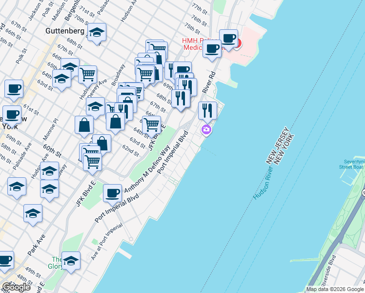 map of restaurants, bars, coffee shops, grocery stores, and more near 251 Halfmoon Court in West New York