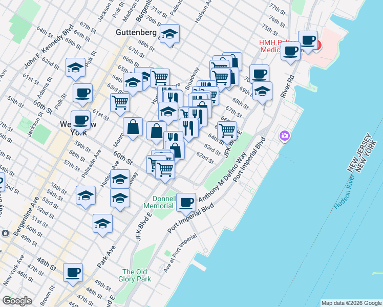 map of restaurants, bars, coffee shops, grocery stores, and more near 6311 Park Avenue in West New York