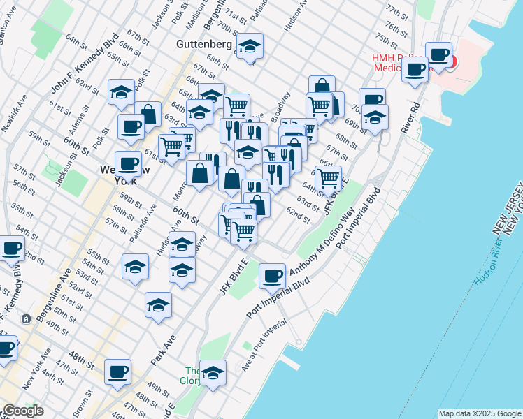 map of restaurants, bars, coffee shops, grocery stores, and more near 6120 Buchanan Place in West New York