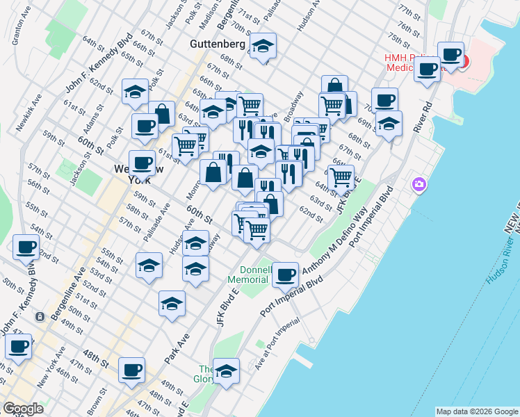 map of restaurants, bars, coffee shops, grocery stores, and more near 6120 Buchanan Place in West New York