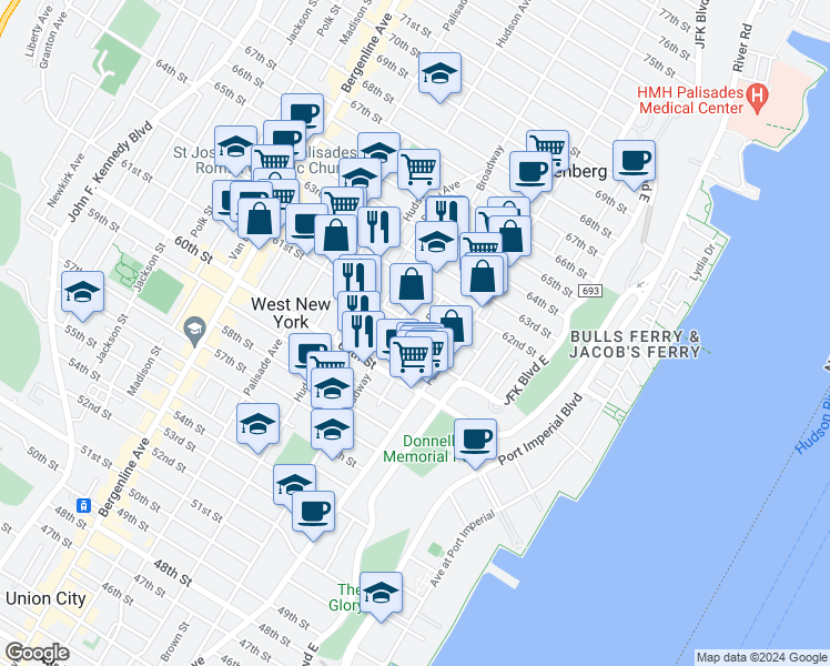 map of restaurants, bars, coffee shops, grocery stores, and more near 220 61st Street in West New York
