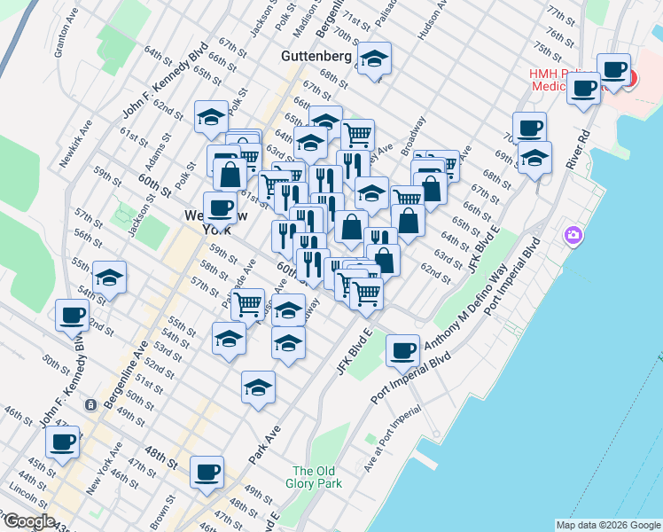 map of restaurants, bars, coffee shops, grocery stores, and more near 220 61st Street in West New York