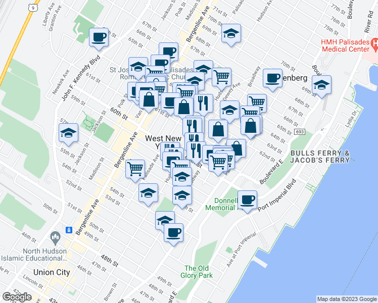 map of restaurants, bars, coffee shops, grocery stores, and more near 6032 Hudson Avenue in West New York