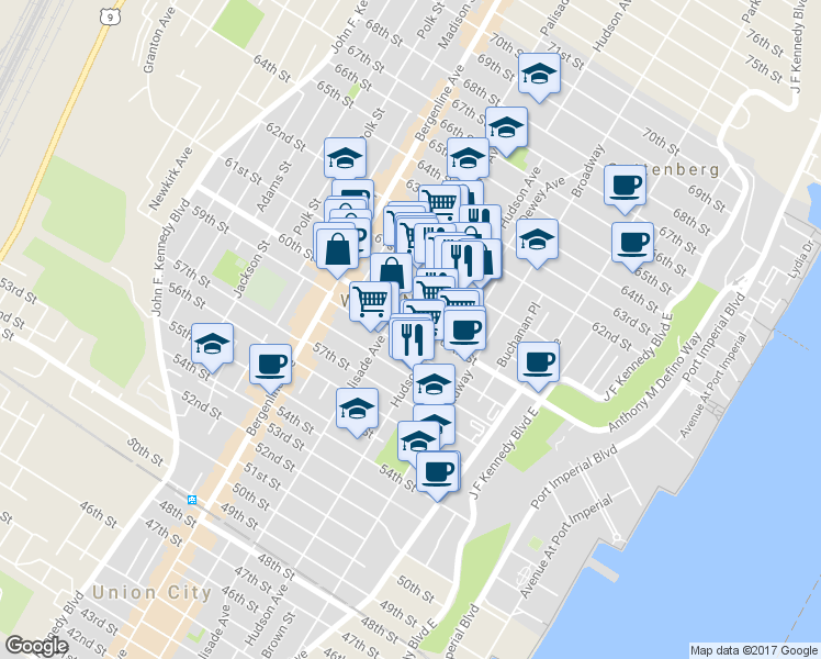 map of restaurants, bars, coffee shops, grocery stores, and more near 6015 Monroe Place in West New York