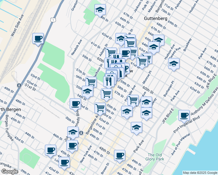 map of restaurants, bars, coffee shops, grocery stores, and more near 5807 Bergenline Avenue in West New York