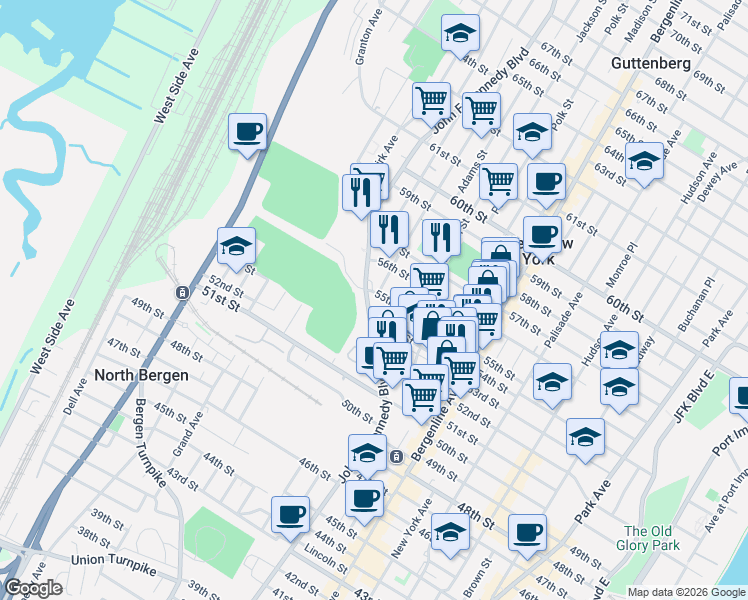 map of restaurants, bars, coffee shops, grocery stores, and more near in West New York