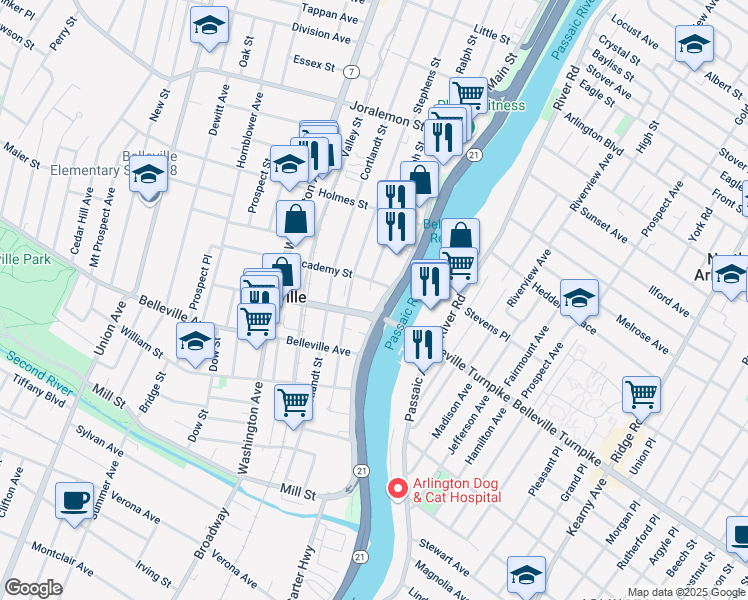 map of restaurants, bars, coffee shops, grocery stores, and more near 223 Main Street in Belleville