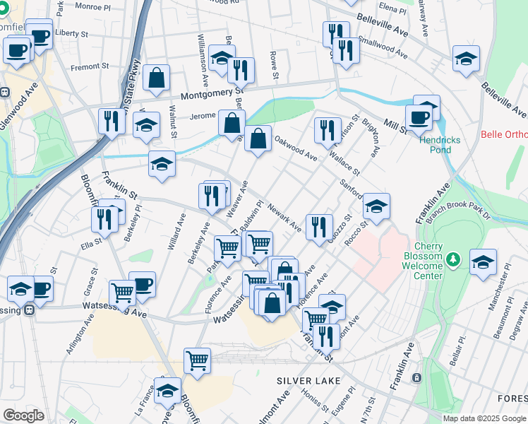 map of restaurants, bars, coffee shops, grocery stores, and more near 53 Newark Avenue in Bloomfield