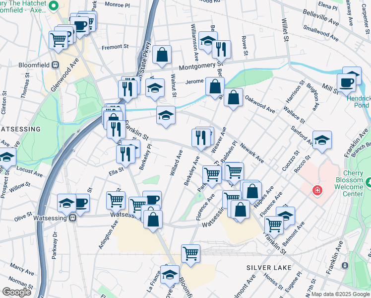 map of restaurants, bars, coffee shops, grocery stores, and more near 165 Franklin Street in Bloomfield