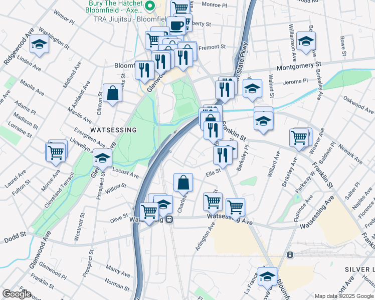 map of restaurants, bars, coffee shops, grocery stores, and more near 39 Lake Street in Bloomfield