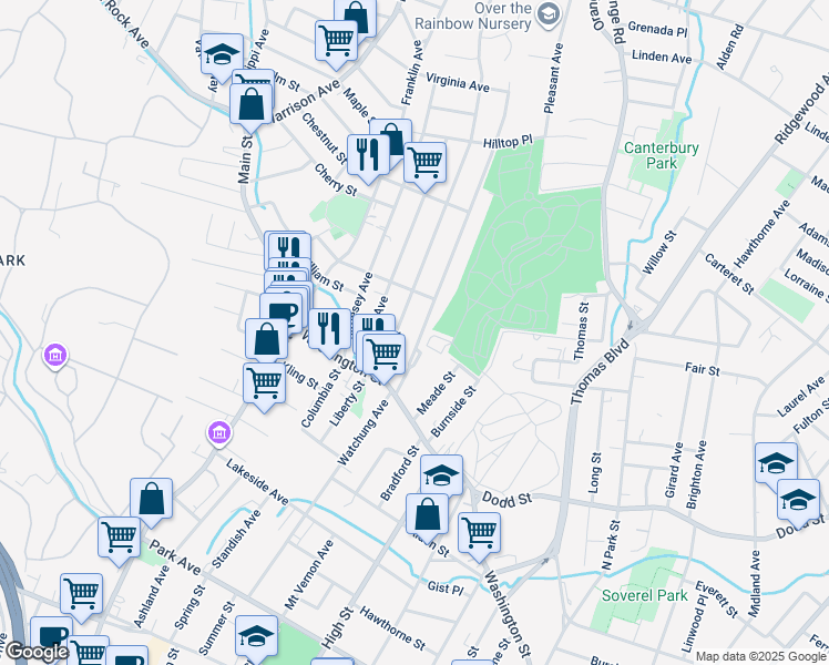 map of restaurants, bars, coffee shops, grocery stores, and more near 125 Watchung Avenue in West Orange