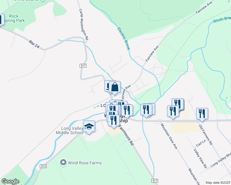 map of restaurants, bars, coffee shops, grocery stores, and more near 32 Fairview Avenue in Long Valley