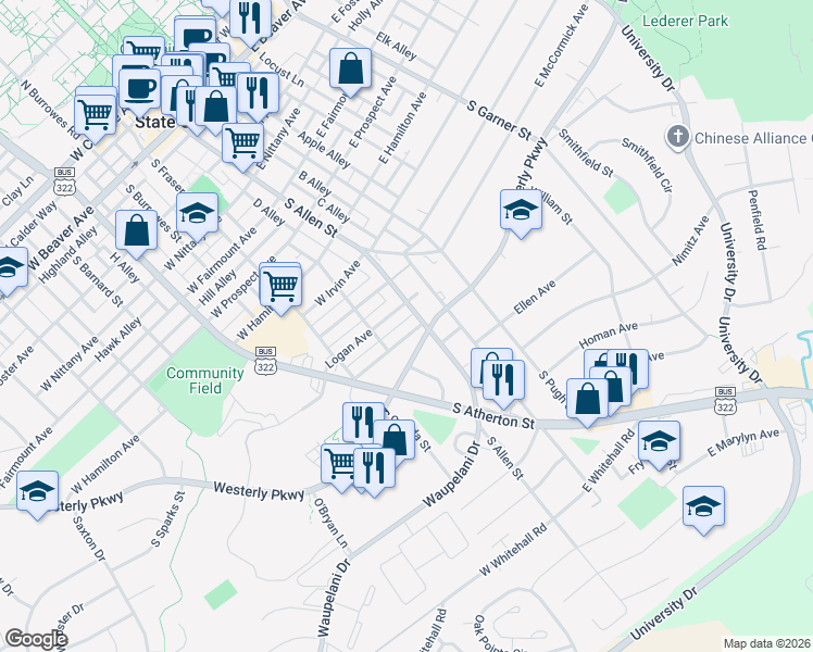 map of restaurants, bars, coffee shops, grocery stores, and more near 916 South Allen Street in State College