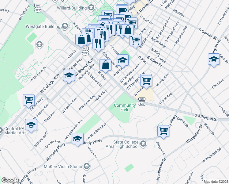 map of restaurants, bars, coffee shops, grocery stores, and more near 426 South Atherton Street in State College