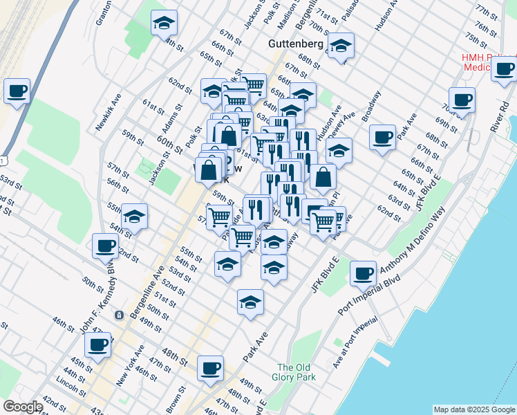 map of restaurants, bars, coffee shops, grocery stores, and more near 6015 Monroe Place in West New York