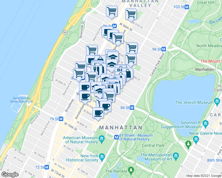 map of restaurants, bars, coffee shops, grocery stores, and more near 136w West 88th Street in New York