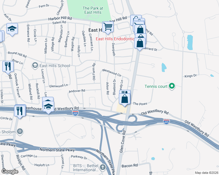map of restaurants, bars, coffee shops, grocery stores, and more near 19 Arbor Road in Roslyn Heights