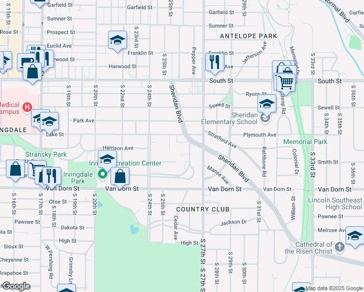 map of restaurants, bars, coffee shops, grocery stores, and more near 2501 Sheridan Boulevard in Lincoln