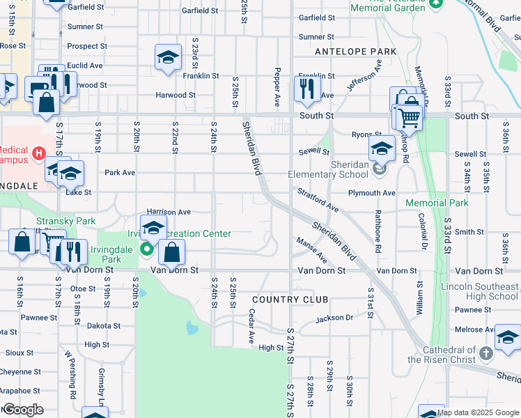map of restaurants, bars, coffee shops, grocery stores, and more near 2501 Sheridan Boulevard in Lincoln