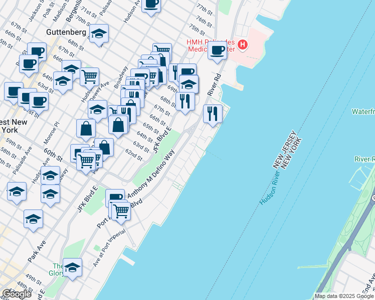 map of restaurants, bars, coffee shops, grocery stores, and more near 251 Halfmoon Court in West New York