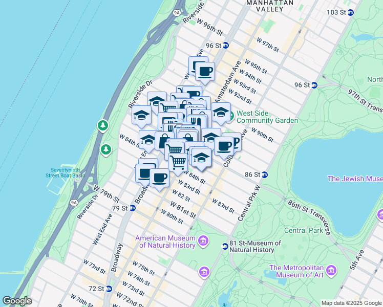 map of restaurants, bars, coffee shops, grocery stores, and more near 176 West 86th Street in New York