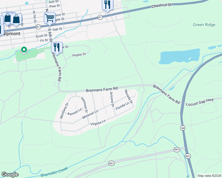 map of restaurants, bars, coffee shops, grocery stores, and more near 2 Arizona Drive in Kulpmont