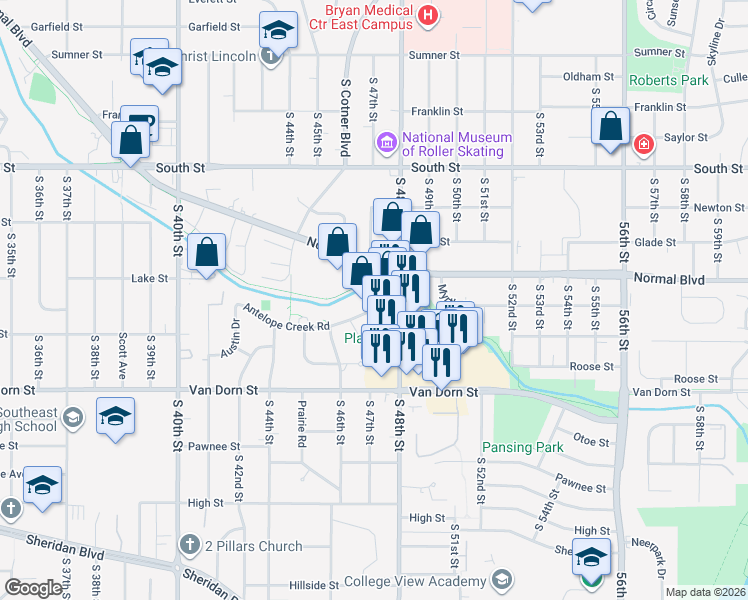 map of restaurants, bars, coffee shops, grocery stores, and more near 4701 Normal Blvd in Lincoln