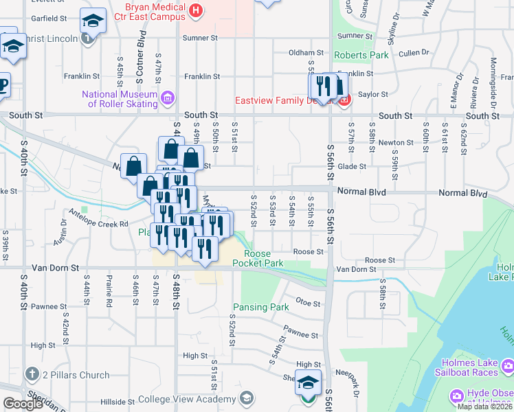 map of restaurants, bars, coffee shops, grocery stores, and more near 5239 Normal Boulevard in Lincoln