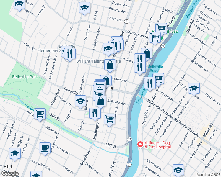 map of restaurants, bars, coffee shops, grocery stores, and more near in Belleville