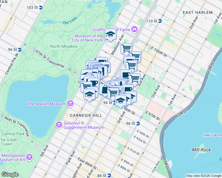 map of restaurants, bars, coffee shops, grocery stores, and more near 1294 Park Avenue in New York