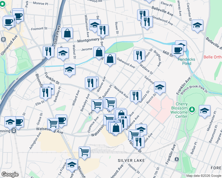 map of restaurants, bars, coffee shops, grocery stores, and more near 53 Newark Avenue in Bloomfield