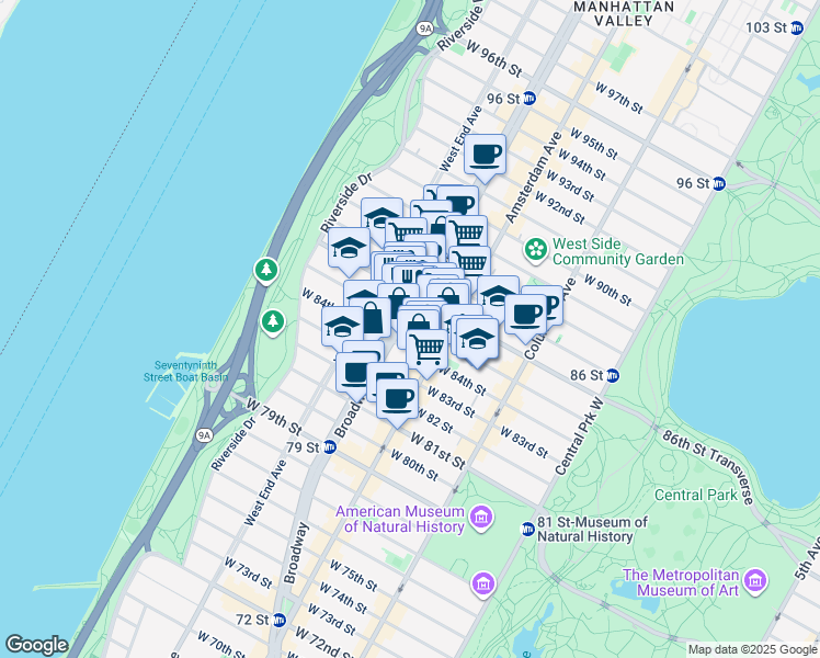 map of restaurants, bars, coffee shops, grocery stores, and more near 224 West 85th Street in New York